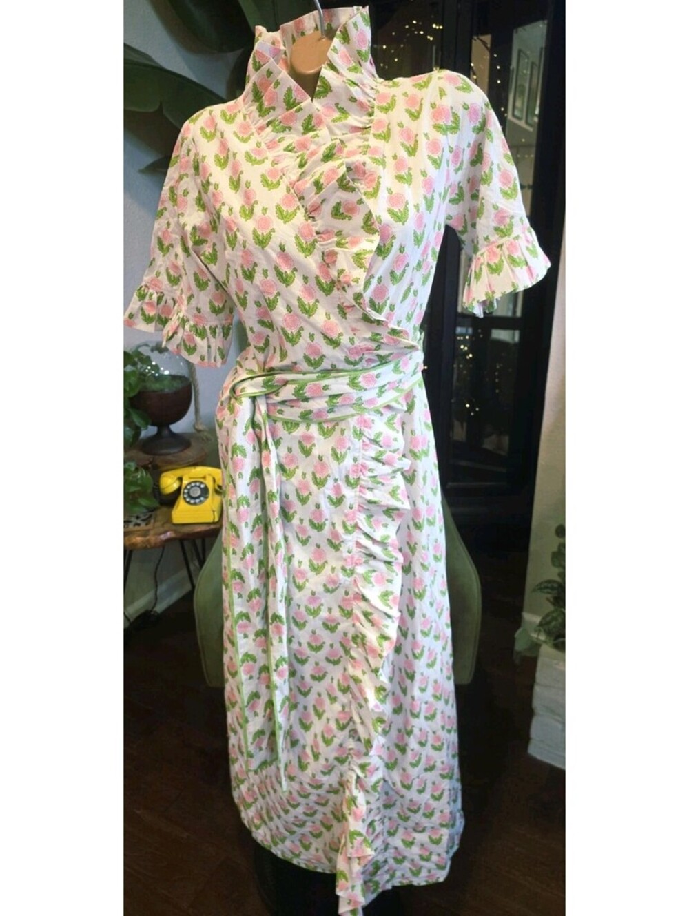 Elizabeth Wilson Designs Cottagecore Floral Block Ruffle Maxi Wrap Dress S